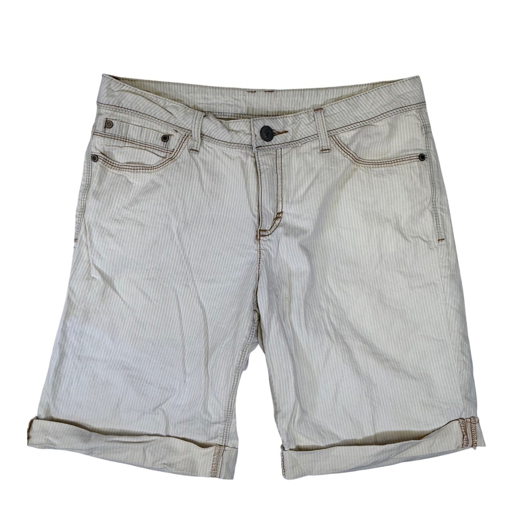 Faded Glory Womens Pinstripe Bermuda Shorts‎ Cream Tan Cuffed Size 12 Stretch